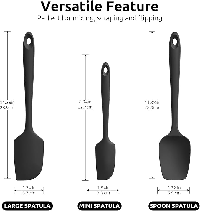 U-Taste Silicone Spatula Set, 600ºF High Heat Resistant, Seamless Food Grade Flexible Rubber Kitchen Cooking Mixing Baking Scraper for Nonstick Cookware Set of 3 (Black)