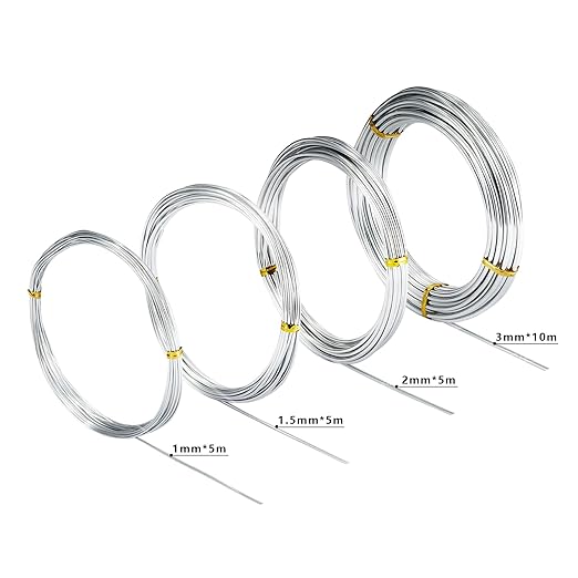 4 Pcs Aluminum Craft Wires, 3mm*10m, 2mm*5m, 1.5mm*5m, 1mm*5m, Bendable Craft Wire for Sculpting Armature DIY Jewelry Making (Silver)
