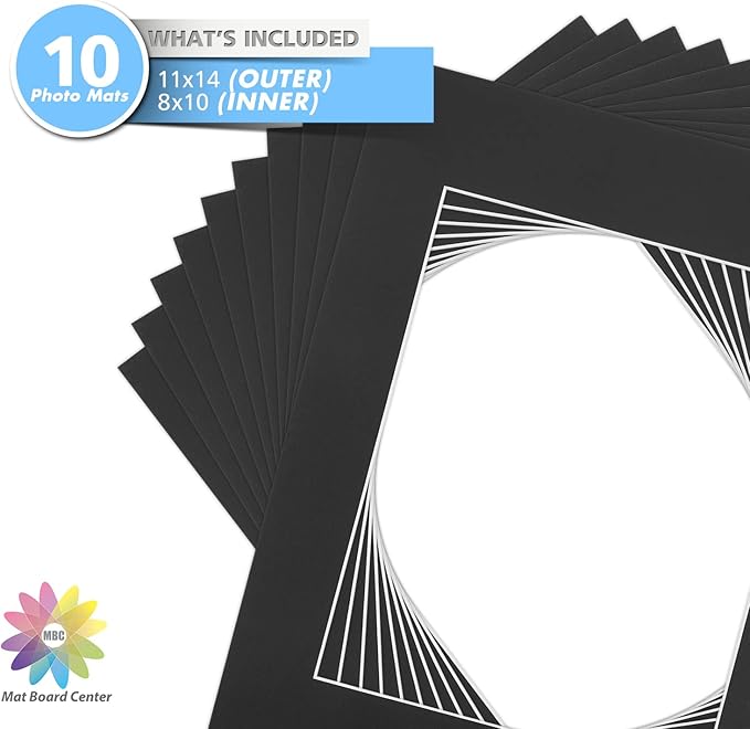 Mat Board Center, Pack of 10, 11x14 for 8x10 Black Color Mats - Bevel Cut, Acid Free, 4-ply Thickness, White Core - for Pictures, Photos, Framing