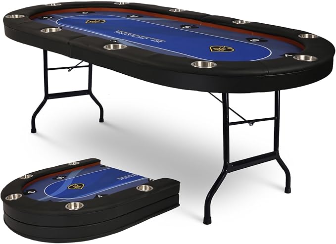 Upgrade Foldable Poker Table for 10 Players - Texas Holdem & Blackjack Board Game Table - Large Casino Table with 10 Stainless Steel Cup Holders & Padded Rails - Perfect for Texas Casino Leisure Game