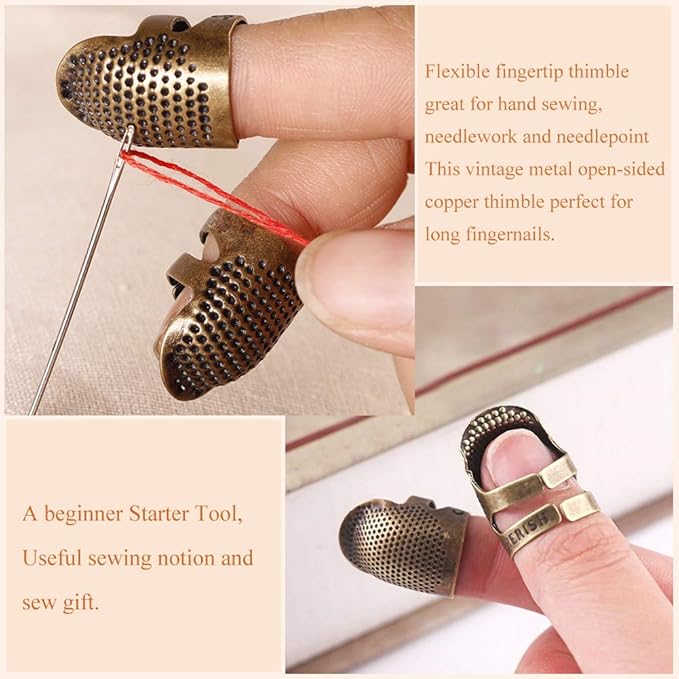 8 Pcs Thimble + 30 Pcs Sewing Needles, Finger Protector Fingertip Adjustable Metal Bronze Rings and Leather Coin Thimble for Needlework, Hand Embroidery Craft