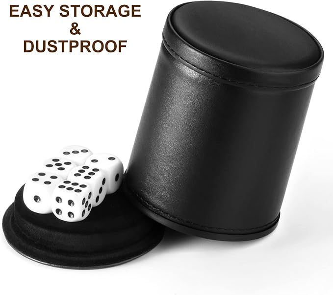 Felt Lined Dice Cup PU Leather Set, Quiet Shaker for Dice Board Family Games Yahtzee Farkle, Set of Six 16mm Rolling Dice Included