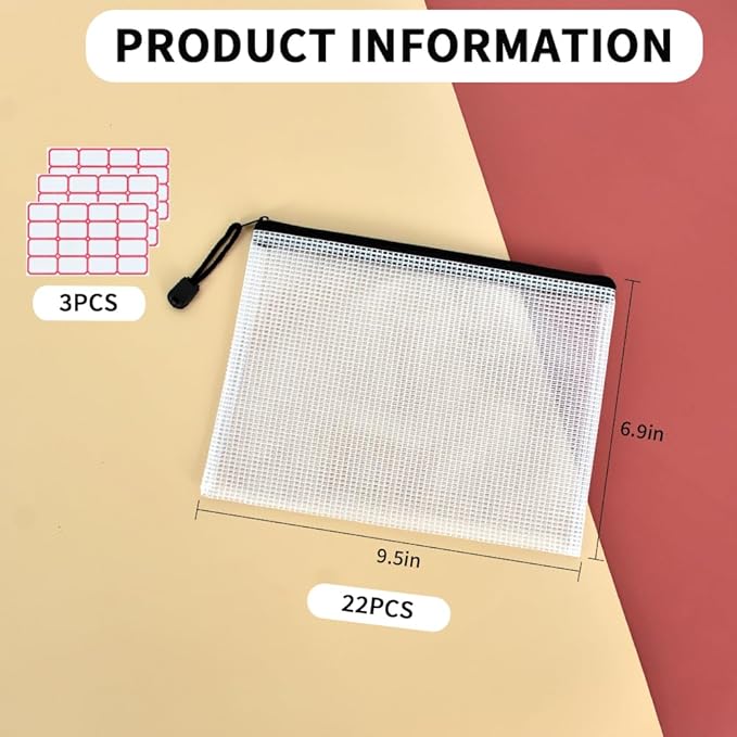 Vuzvuv A5-22 PCS 9.49"x 7.09"Mesh Zipper Pouch Set，Resistant Document File Folders Plastic Mesh Bag with Label Sticker for File, Document, Makeup, Board Game School Office Home Travel Storage