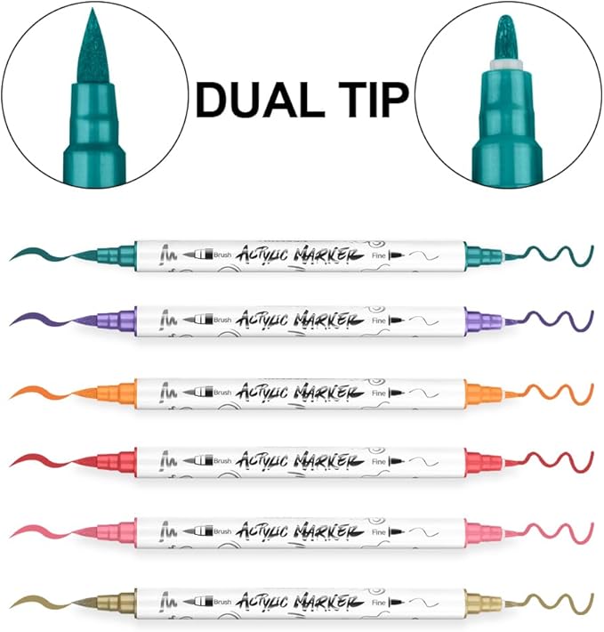 TRANSON 24 Colors Fine and Brush Dual-tip Acrylic Paint Marker Pen Set for Canvas Rock Wood Leather Ceramic DIY Painting