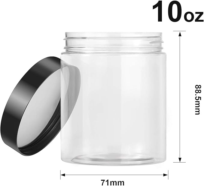 SATINIOR 12 Pack 10 oz Plastic Container Jars with Lids Round Clear Travel Cosmetic Container Slime Jars for Toiletries, Lotion, Cream, Ointments, Makeup, Rhinestone, Samples, Kitchen Storage(Black)