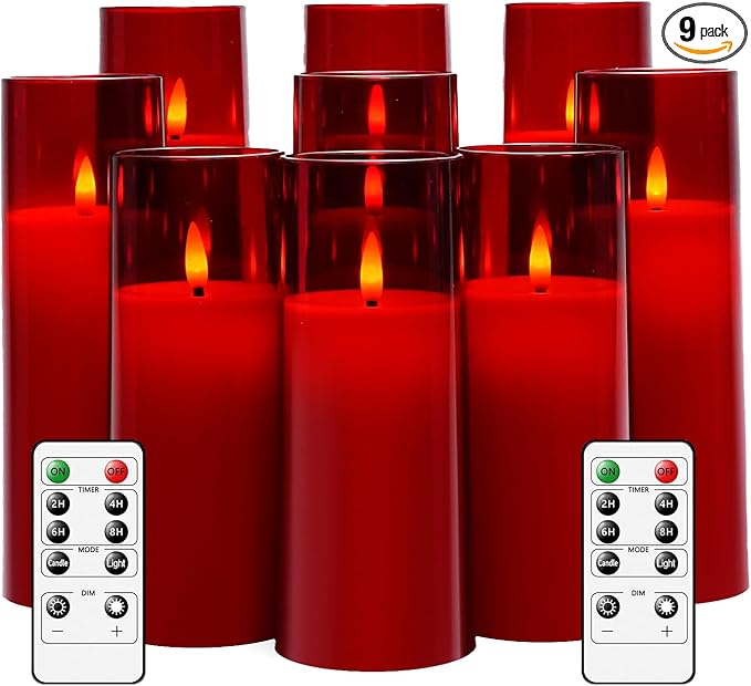 Flickering Flameless Candles Battery Operated with Remote and 2/4/6/8 H Timer Plexiglass Led Pillar Candles Pack of 9 (D2.3 xH 6" 7" 8") with Realistic Moving Wick Candles for Home Decor(Red)