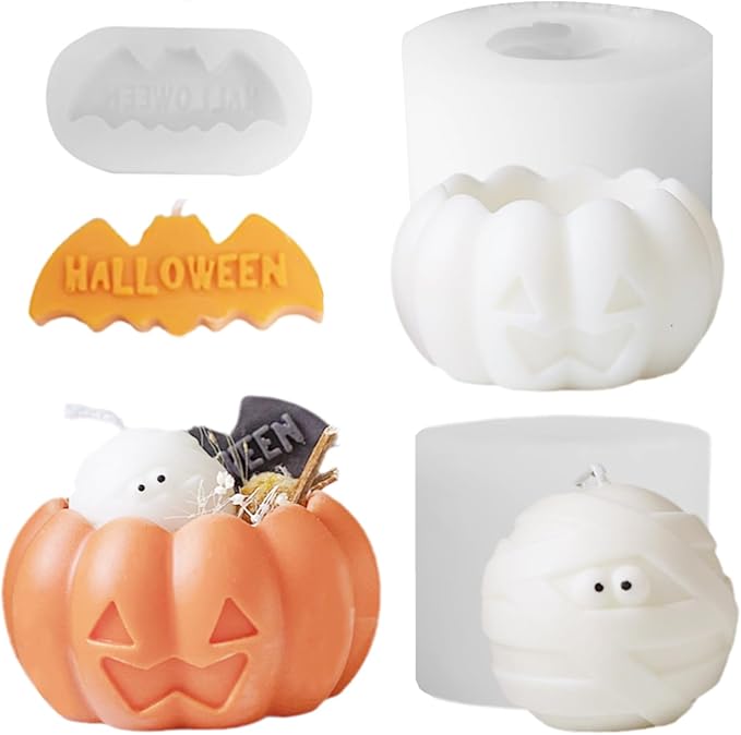 3 Pcs Halloween Candle Silicone Molds Set, DIY Letter Bat, Mummy Ball and 3D Pumpkin Container Mould for Candle Making, Wax Gypsum Ornament Resin Soap Chocolate Mold Home Decor