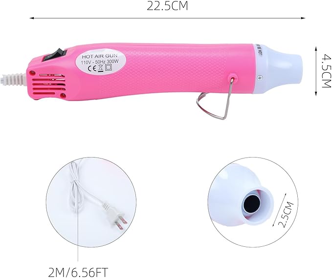 Heat Gun for Crafting, 110V 300W Handed Hot Air Gun, 3.28FT Ultra-Long Cable Portable Heat Gun with Stand and Power Cord for Shrinking Wrapping PVC, DIY Embossing and Drying Paint (Pink)