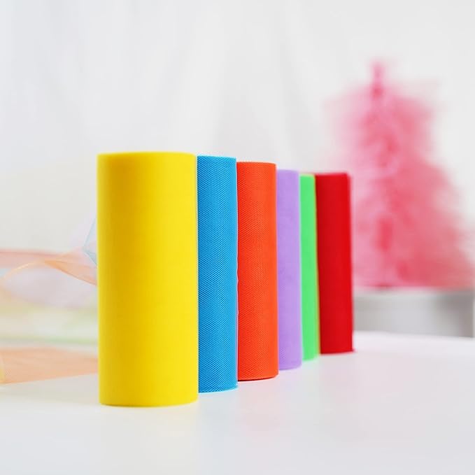 MEEDEE Rainbow Tulle Ribbon 6 Colors Roll Tulle Fabric Rainbow Spool Ribbon for Tutus Wedding Decorations Party Decorations Gift Wrapping Skirt Dress (6 inch by 25 Yards/Roll)