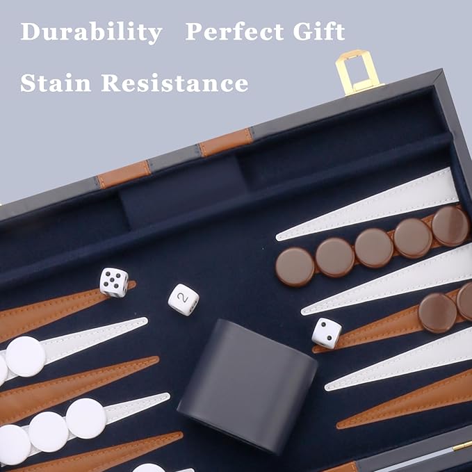 Backgammon Set - Classic Board Game with Premium Leather Case - Portable Travel Strategy Backgammon Game Set for Adults, Kids - Suitable as (18inch, Navy)