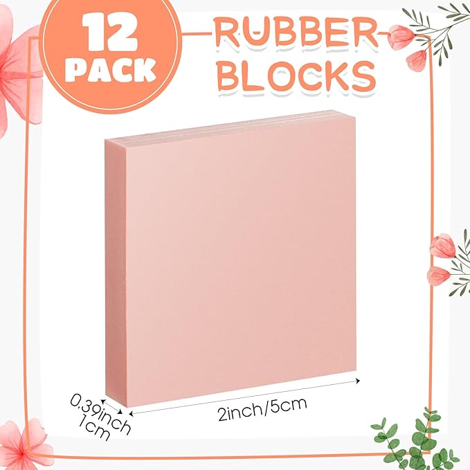 Frienda 12 Pcs 2" X 2" Rubber Carving Blocks Linoleum Blocks for Printmaking, Stamp Making, DIY Crafting, Scrapbook, Painting, Soft and Easy to Carve (Pink)