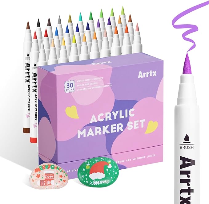 Arrtx 30 Colors Acrylic Paint Pens for Rock Painting, Extra Brush Tip, Water Based Paint Markers for Stone, Glass, Easter Egg, Wood and Fabric Painting-No Toxic,No Odor 30B