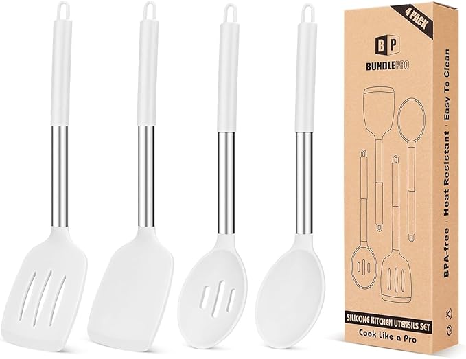 Pack of 4 Silicone Cooking Utensils Set, Non Stick Large Solid Spatulas, Heat Resistant Slotted Spoons, Ideal BPA Free Kitchen Turners for Frying, Mixing,Serving,Draining,Turning,Stirring (WHITE)