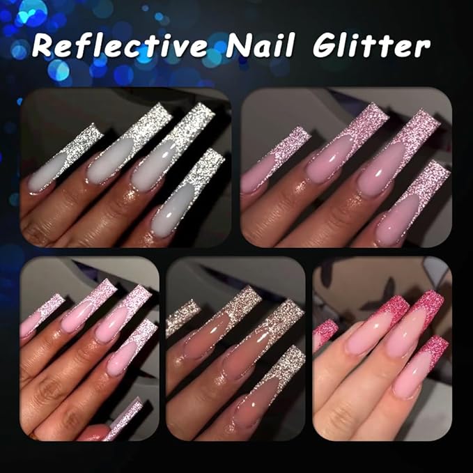 Reflective Glitter Powder Set, 8 Colors Holographic Sparkle Glitter Dust, Flash Diamond Silver Pink Red Purple Blue Shiny Sugar Dipping Pigment DIY Manicure Nail Art Decoration Crafts