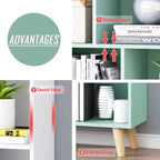 IOTXY Wooden Open Shelf Bookcase - 3-Tier Floor Standing Display Cabinet Rack with Legs, 10 Cubes Kids Bookshelf, Tiffany-Green