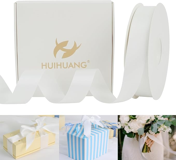 HUIHUANG White Satin Ribbon 1 inch x 50 Yards Double-Faced Polyester Silk Satin Ribbon for Gift Wrapping, Invitations, Hair, Bows Making, Holiday Decor, Flower Bouquet