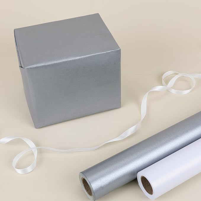 NESCCI Silver Matte Wrapping Paper,Solid Color Pearly-Lustre Paper,Gift Wrapping Paper,Perfect for Wedding,Valentine's Day,Birthday, Christmas,Baby Shower,DIY Bouquet (17 Inches X 32.8 Feet)
