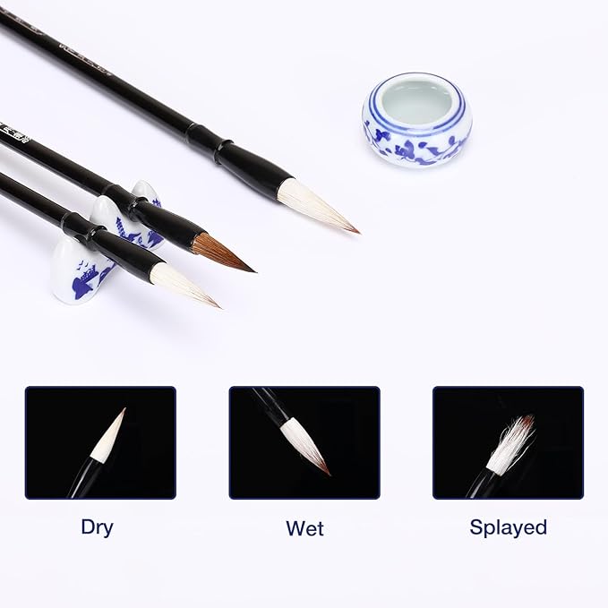 MEGREZ Chinese Calligraphy Set for Beginners, Comes with Calligraphy & Sumi Brushes,Calligraphy Ink Stick and Ink Stone for Writing and Drawing, Blue Gift Box(10 Items)