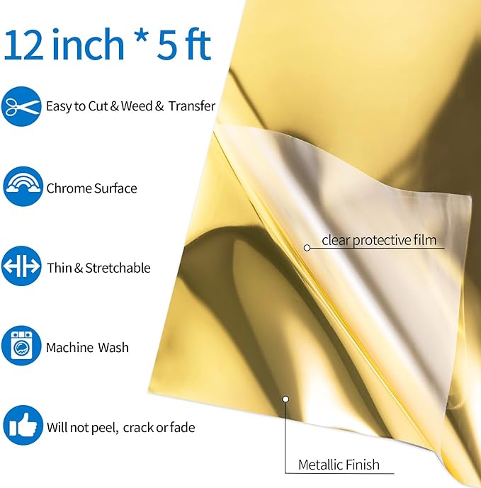 VINYL FROG Metallic Foil HTV Vinyl Roll 12" x5ft Gold Heat Transfer Vinyl Chrome Iron on Vinyl Easy to Cut & Weed DIY Heat Press Design for T-Shirts