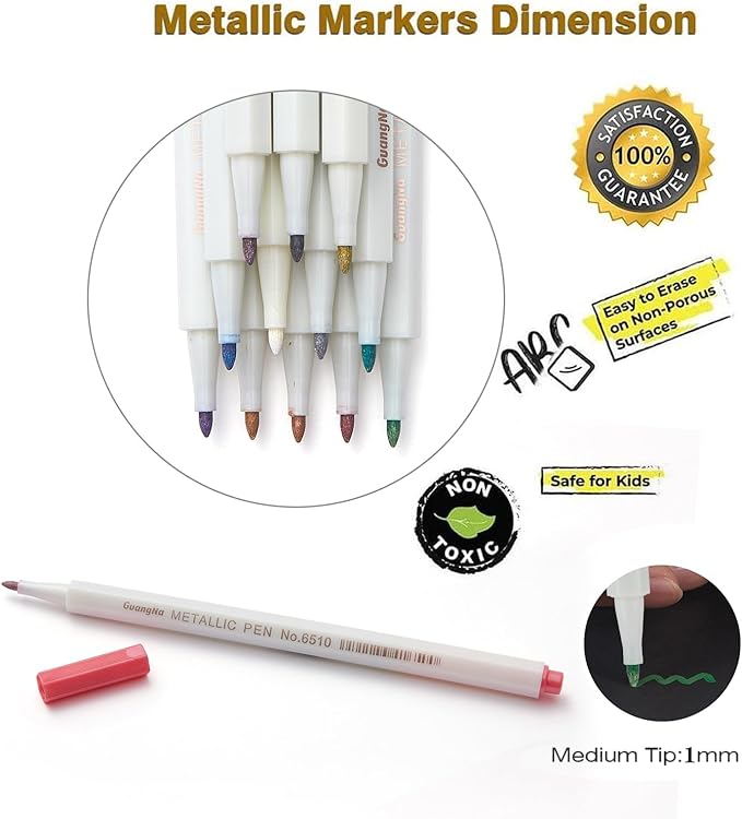YUANCHENG Metallic Marker Pens, Set of 12 Colors Fine Point Metallic Marker Pens for Black Paper, Rock Painting, Easter Egg, Halloween Pumpkin, Card Making, Ceramics, DIY Photo Album
