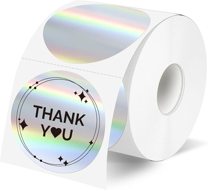 2" Holographic Thermal Label Stickers, Round Direct Thermal Label Stickers, Thermal Printer Sticker Labels for Gift Wrapping, Self-Adhesive Custom Logo Design- Silver
