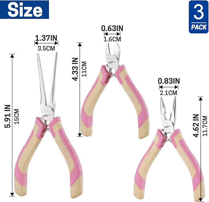 3 PCS Mini Pliers Set, Pink Jewelry Pliers Kit with Needle Nose, Diagonal and Long Nose, Small Plier Tool for Jewelry Making, DIY Crafts, Beading and Electronic Repair