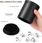 Felt Lined Dice Cup PU Leather Set, Quiet Shaker for Dice Board Family Games Yahtzee Farkle, Set of Six 16mm Rolling Dice Included