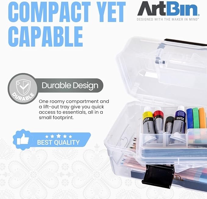 ArtBin 6890AG Small Project Box, Portable Art & Craft Organizer with Lift-Out Tray, [1] Plastic Storage Case, Clear