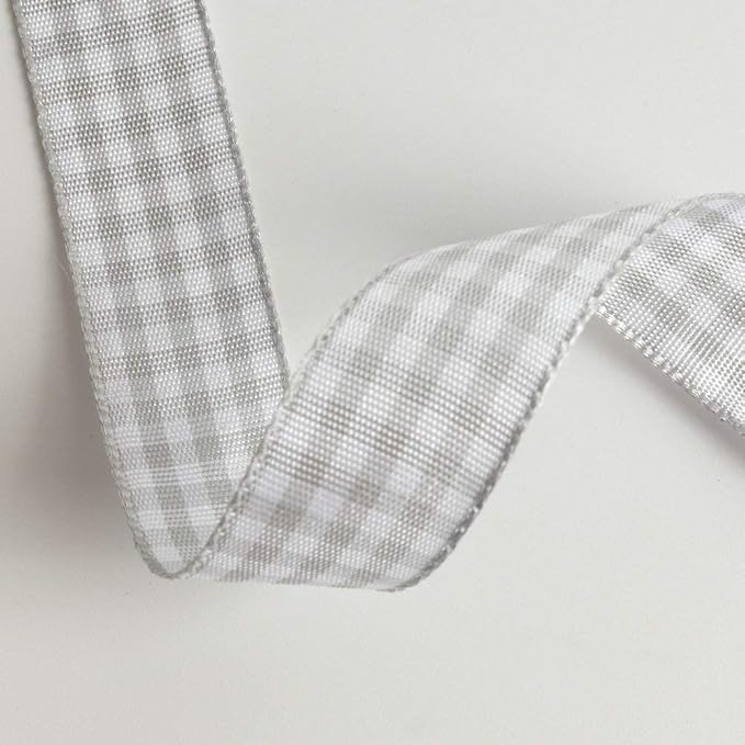 Gingham Ribbon - Gray and White, 25 Yards Each Roll, 100% Polyester (5/8")