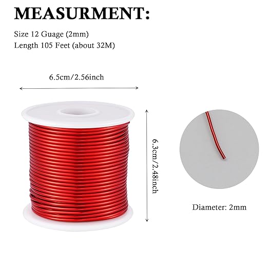 12 Gauge Red Aluminum Craft Wire (105FT) - Anodized for Jewelry Making, Beading Floral, Plant Gardening, Sculpting & Modeling Craft Wire (Red #23, 2mm)