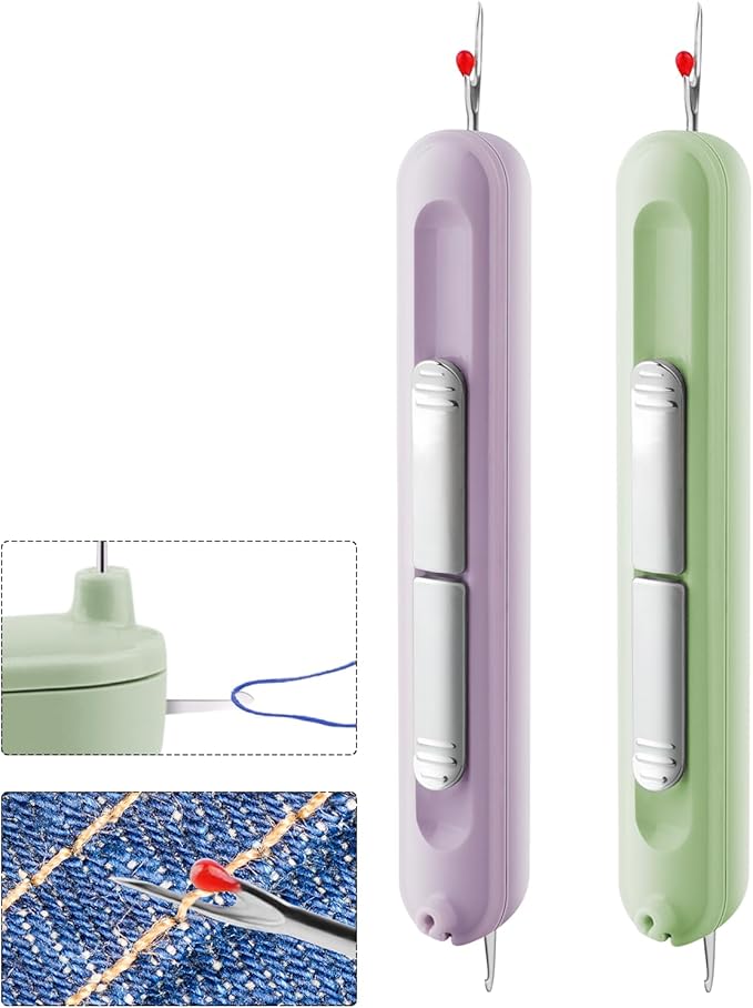 Needle Threaders, 2 in 1 Plug-in Needle Threader Seam Ripper Tool, Automatic Stretchable Seam Rippers for Sewing, Hand Quilling Supplies,Embroidery Stitch Removal (Purple/Green)