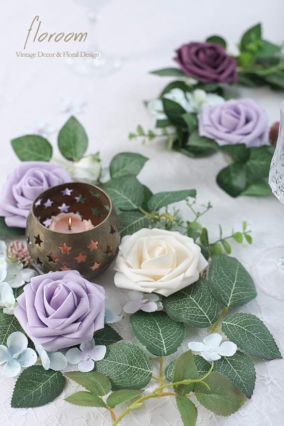 Floroom Artificial Flowers 25pcs Real Looking Lilac Foam Fake Roses with Stems for DIY Wedding Bouquets Bridal Shower Centerpieces Floral Arrangements Party Tables Home Decorations