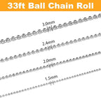Jishi 33ft Stainless Steel Ball Chain 2mm Bead Dog Tag Chain Beaded Necklace Chains for Jewelry Making Bracelet Military Crafts, Silver Metal Pull Chain Small Ball Bead Chain Roll w/20 Connectors