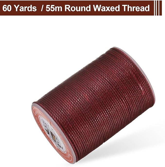 uxcell Round Leather Sewing Waxed Thread, 55m / 60 Yards Wax Polyester String, 0.8mm Waxed Stitching Cord for Leather Crafts, Bookbinding, Bracelets Braided, Burgundy