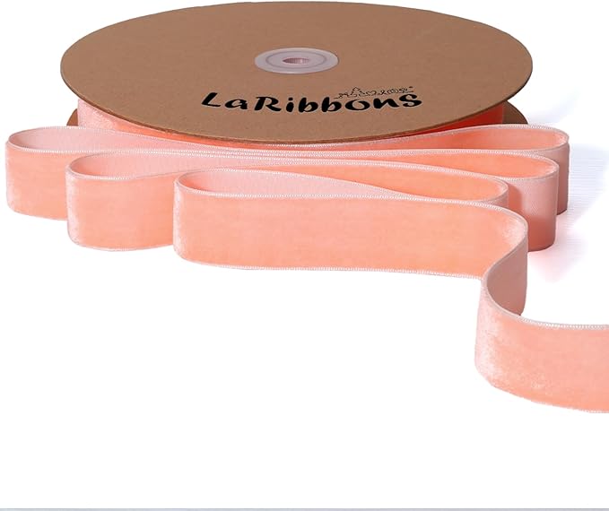 LaRibbons Thin Velvet Ribbon 1 Inch x 25 Yards, Peach Pink Velvet Ribbon for Christmas Tree, Gift Wrapping, Wreath Bow, Outdoor Decoration