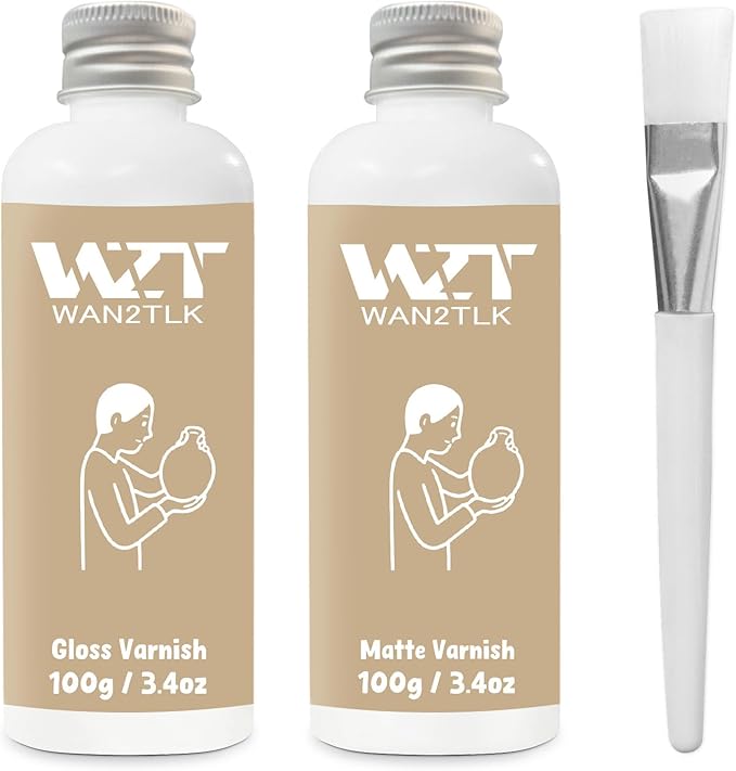 Air Dry Clay Glaze & Varnish 2-Pack (Matte & Gloss) - 100ml Each with Brush, Waterproof & Scratch Resistant Gloss Clay Varnish for Pottery/DIY Crafts/Sculptures