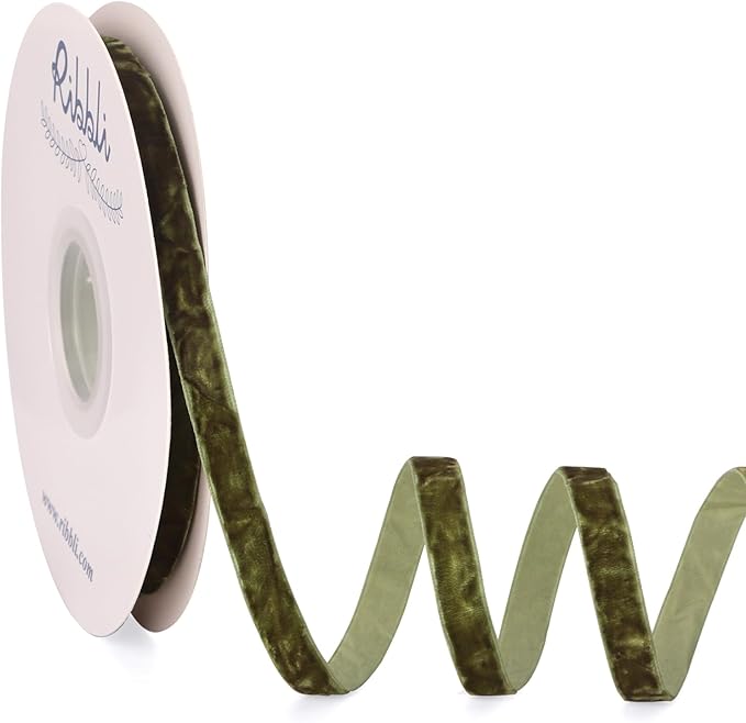 Ribbli Moss Green Velvet Ribbon 3/8 Inches Luxury Crinkled Green Christmas Ribbon for Gift Wrapping Crafts Home Decor-Continuous 10 Yard
