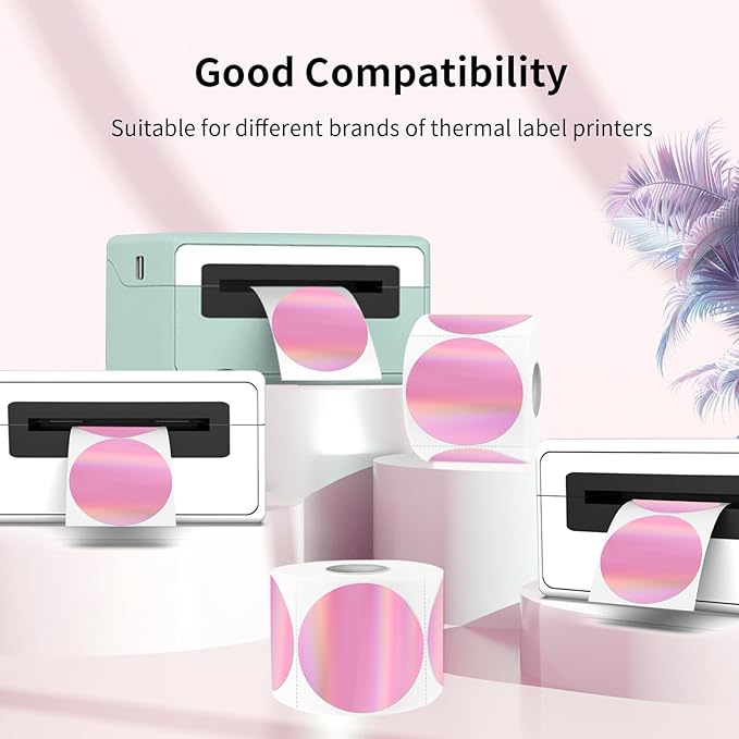 3" Circle Holographic Thermal Label Stickers Pink, Round Printable Rainbow Thermal Sticker for Gift Wrapping, Self-Adhesive/Perforation Line Design