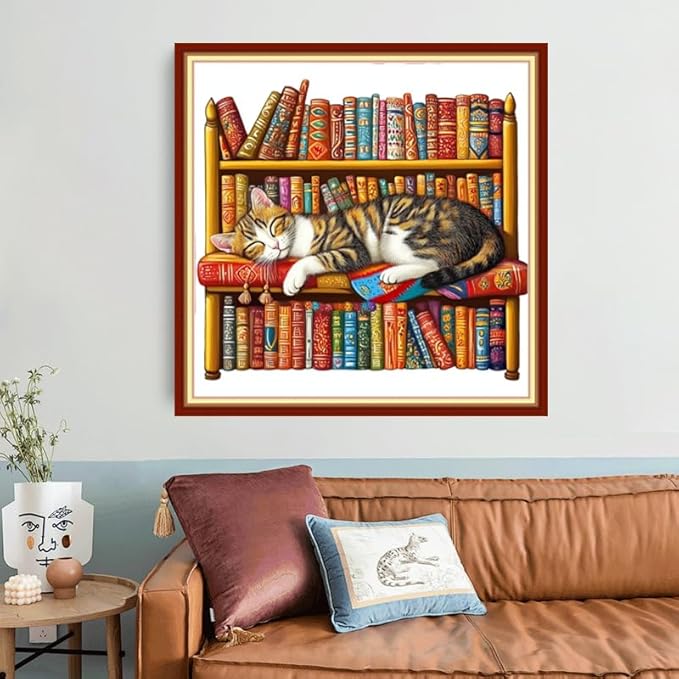 Foxhool Beginners Cross Stitch Kits Stamped Full Range of Embroidery Kits for Adults DIY Cross Stitches kit Embroidery Patterns for Needlepoint kit-Lazy cat Sleeping on The Bookshelf 18x18 inch