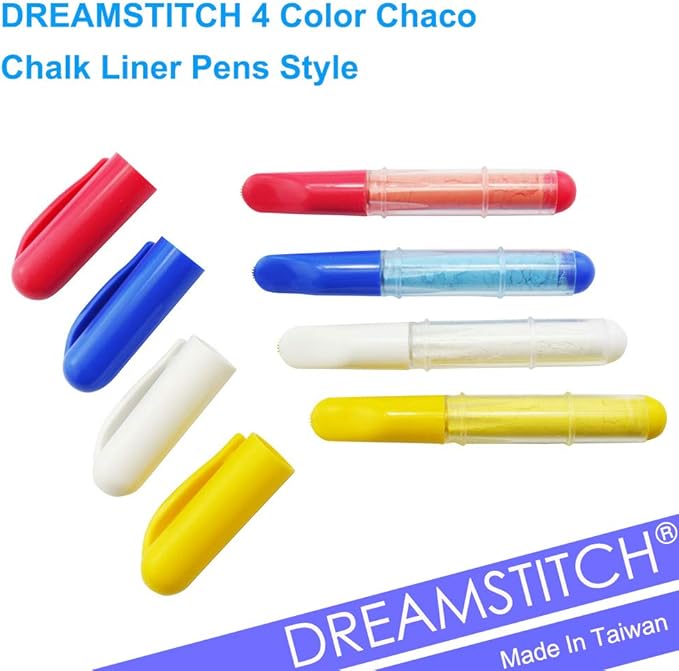 DREAMSTITCH 4 Color Chaco Chalk Liner Pens Style - Needle Felting Tool Chaco Chalk Marker Sewing Tools - White, Red, Blue, Yellow - 4-Color Chaco Pen