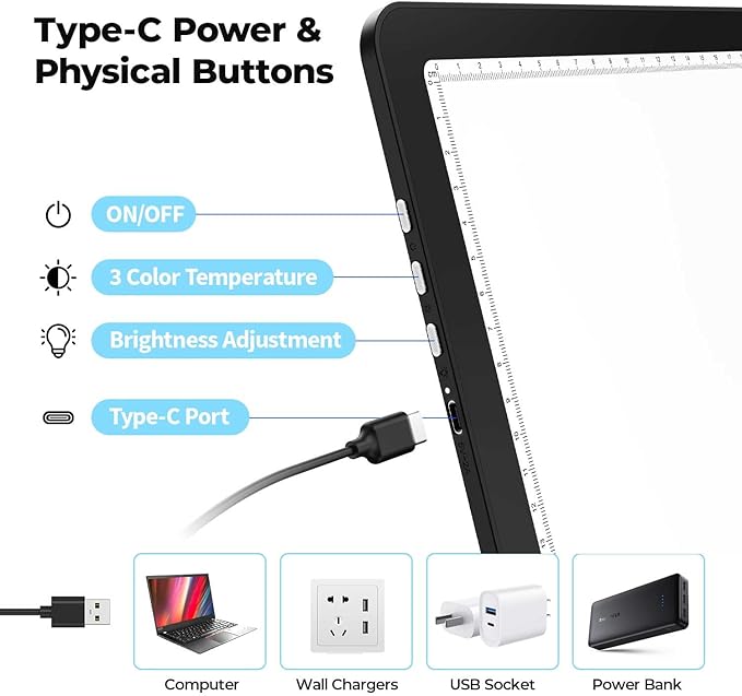 Heanolier A3 Artist tracing Light Box Copy Table,(18.2" L x 13.4" W) Super Bright Magnetic Light Pad with Side Buttons,USB-C Power Dimmerable Light Board for Diamond Painting,Tattoo Drawing,Sketching
