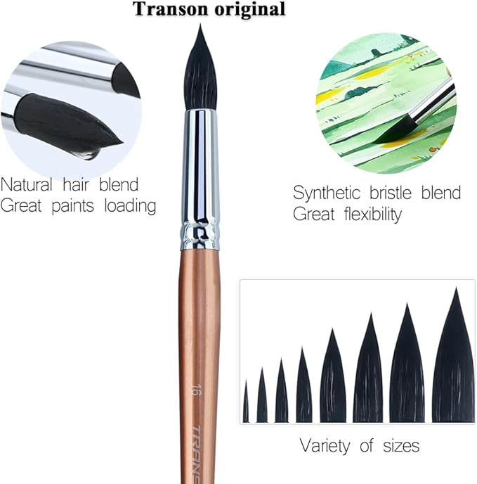 Transon 8pcs Round Watercolor Paint Brush Set Goat Hair for Watercolors,Acrylics,Inks,Gouache,Oil and Tempera