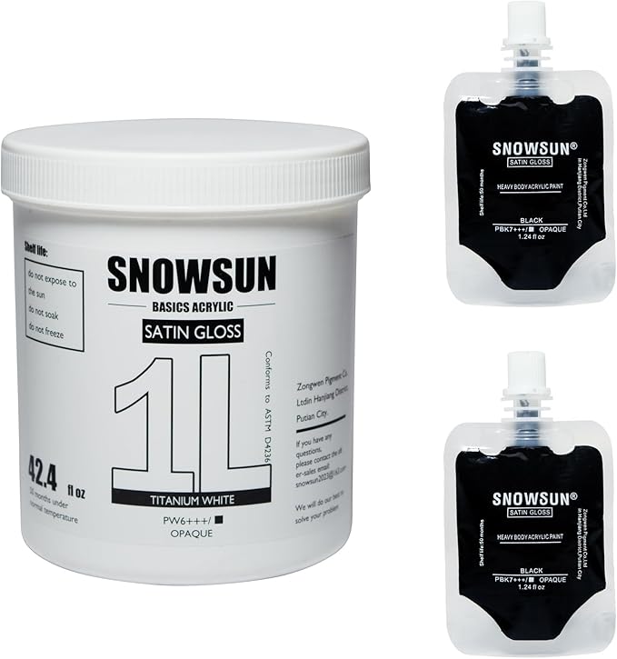 SNOWSUN Large Bulk Acrylic Paint, Titanium White Acrylic Paint 1L /42.4 oz, and 25ml*2 Pouch Charcoal Black, Gloss Non-Toxic Heavy Body Paints, Thick Art Paints for Multi-Surface Canvas Wood Ceramic Fabric Wall- Ideal for Artists & Beginners