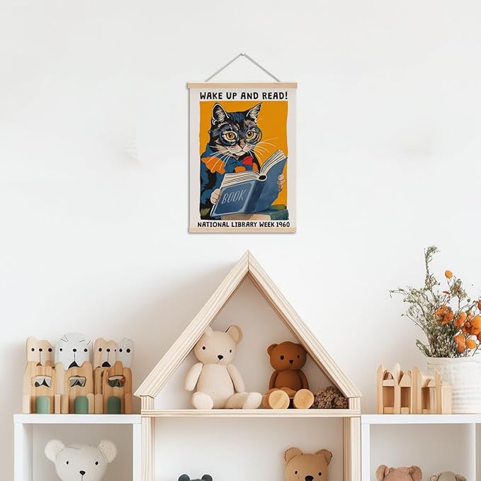Funny Reading Cat Poster Hanger, Reading Nook Library Decor Wall Decor, Educational Posters Wall Art Wall Hanging Banner Farmhouse Classroom Bedroom Reading Room Apartment Home Decor