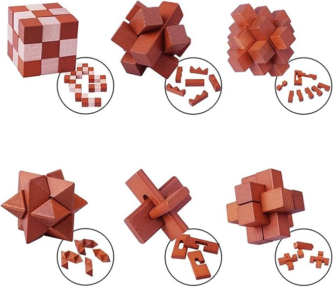 VolksRose 6pcs Wooden Brain Teaser Puzzles, IQ Challenge Puzzle Games, Logic Smart Mind Puzzle Box Lock Toy Removing Assembling 3D Small Puzzle Gift Set for Adults Teenagers Kids, 1.8inch 4.5cm
