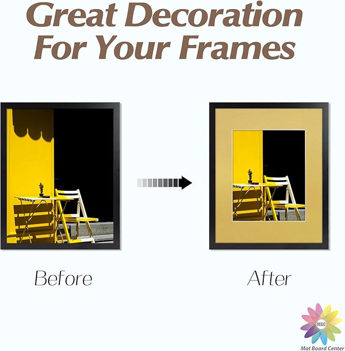 Mat Board Center, Pack of 10, 11x14 for 8x10 Old Gold Color Mats - Bevel Cut, Acid Free, 4-ply Thickness, White Core - for Pictures, Photos, Framing