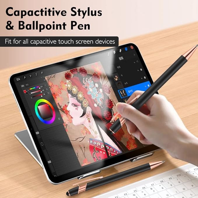 12 PCS 2 in 1 Stylus Ballpoint Pen with Stylus Tip, 1.0 mm Black Ink Metal Pen Stylus Pen for Touch Screens (Rose Gold & Gray)