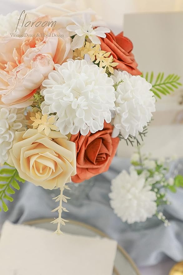 Floroom Artificial Dahlia Flowers 25pcs Real Looking White Foam Fake Roses with Stems for DIY Wedding Bouquets Bridal Shower Centerpieces Floral Arrangements Party Tables Home Decoration