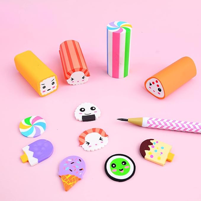 Food Erasers 12 Pack Sushi Desserts Desk Pet Erasers for Kids Cute Fun School Supplies Prize Gifts Party Favors