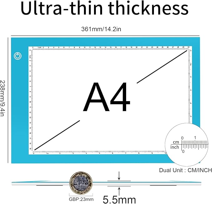 Light Box Drawing Pad, Tracing Board with Type-C Charge Cable and Brightness Adjustable for Artists, AnimationDrawing, Sketching, Animation, X-ray Viewing (A4-P-Blue-New)